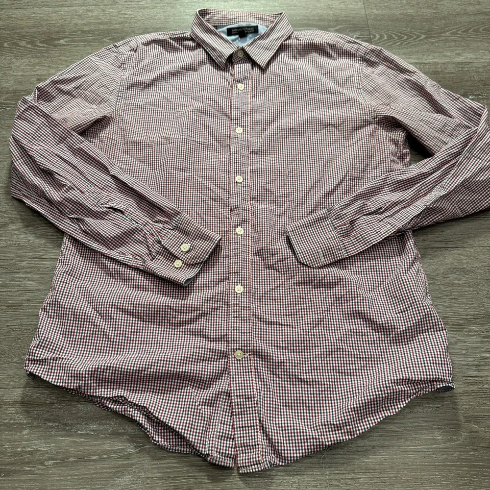 Banana Republic Shirt Mens L Red Cotton Tailored Slim Fit Gingham Preppy Classic